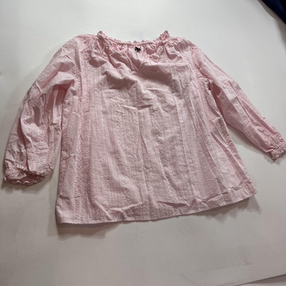 Talbots Blouse Womens 1X Pink Embroidered Floral Ruffle 3/4 Sleeve Cotton Top